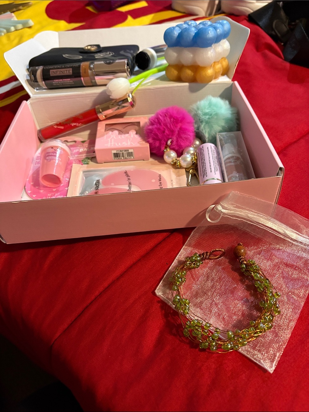 Women's Pink Accessory Gift Set with Pom-Pom Keychain, make up and billfold.
